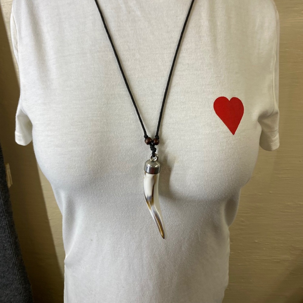 Unbranded Faux Horn Tusk Pendant Necklace Black Cord Wood Bead Boho Tribal White
